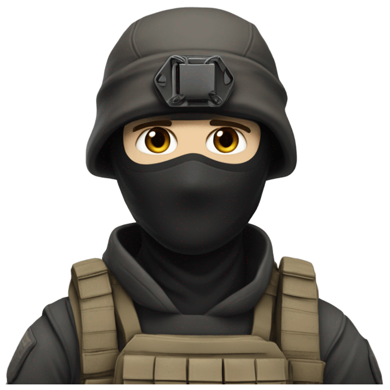 White male, call of duty black mask, camo tactical gear, tan combat boots, black beanie, blue eyes emoji