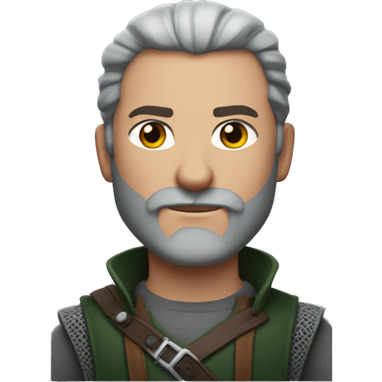 Serious man with short red hair, trimmed beard, gray-green eyes, inspired by Geralt from The Witcher, with a strong and confident look. emoji