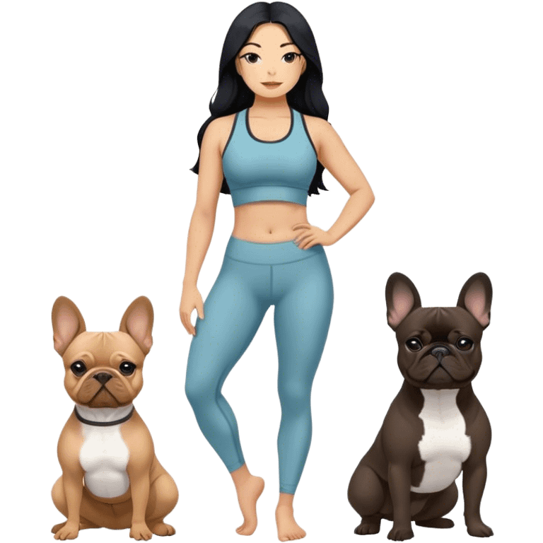 latin woman in a yoga outfit with long black hair standing alongside two French bulldogs emoji
 emoji