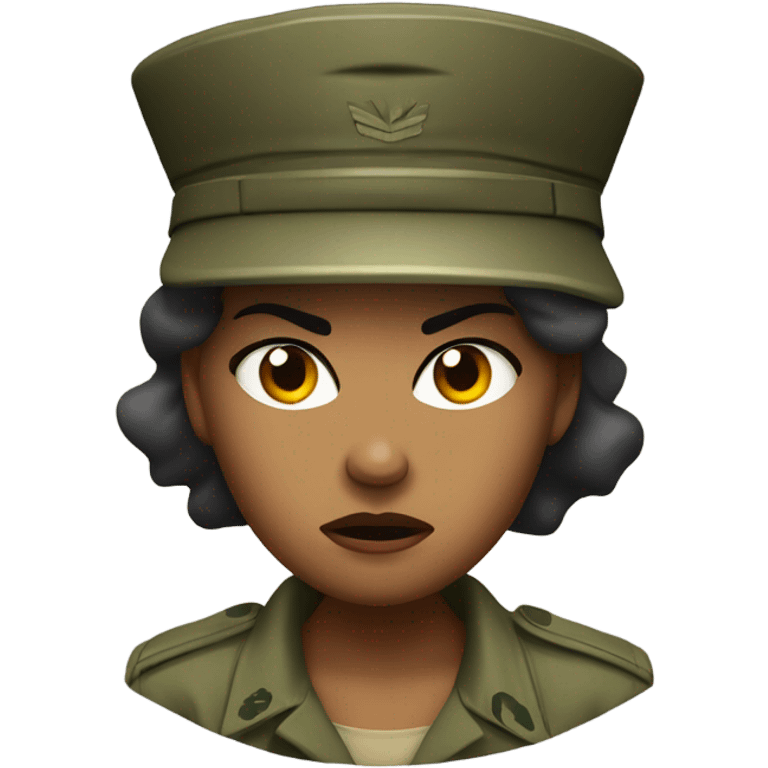 a female drill sergeant showing full torso wearing a classic sergeant hat and a camouflage army shirt. The character should have an angry intense expression.  emoji