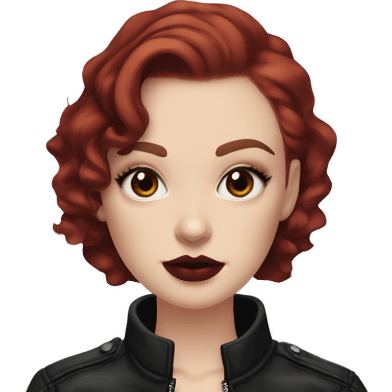 Girl with very pale skin, bright red curly short hair with a side part, black cat-eye makeup, long eyelashes, dark maroon blush and lipstick.  Her eyebrows are dark, arched and very high.  Hazel eyes. Big lips. Thin. Wearing a leather jacket  emoji