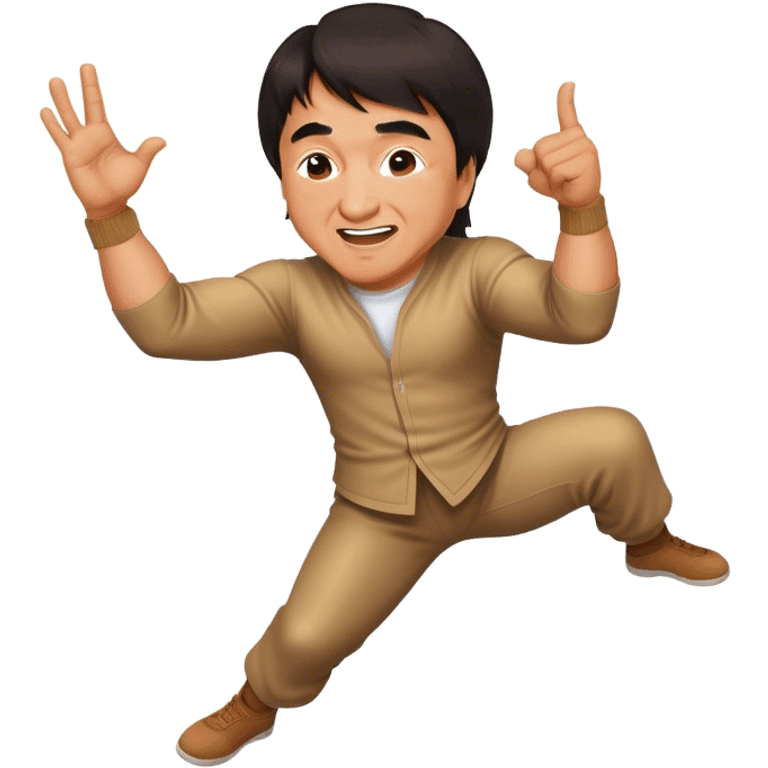 Cinematic Realistic Jackie Chan Pop Culture Emoji, depicted with playful agility and charismatic charm rendered with lifelike textures and vibrant, action‚Äêpacked lighting. emoji