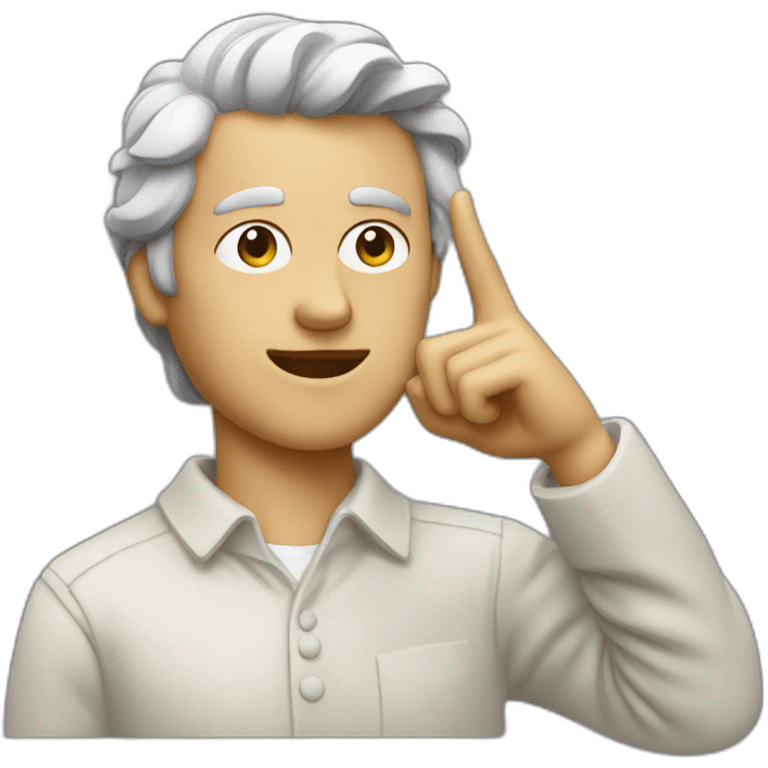 A man with the face of a statue, pointing with his hand to his ear emoji