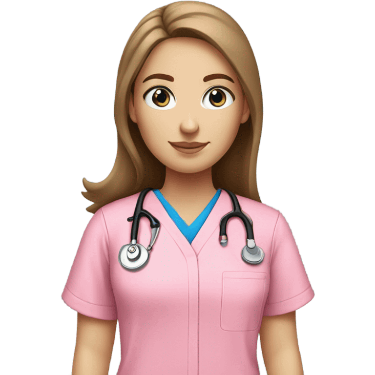 White girl with long brown hair with blue eyes in pink scrubs  emoji