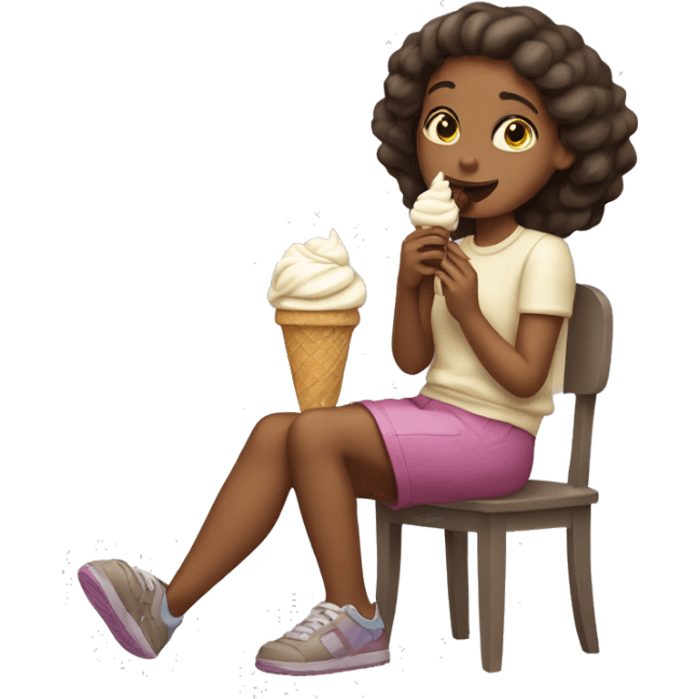 girl eating ice cream while it gets around her mouth looking up while she’s seated with her other hand in front of her legs emoji