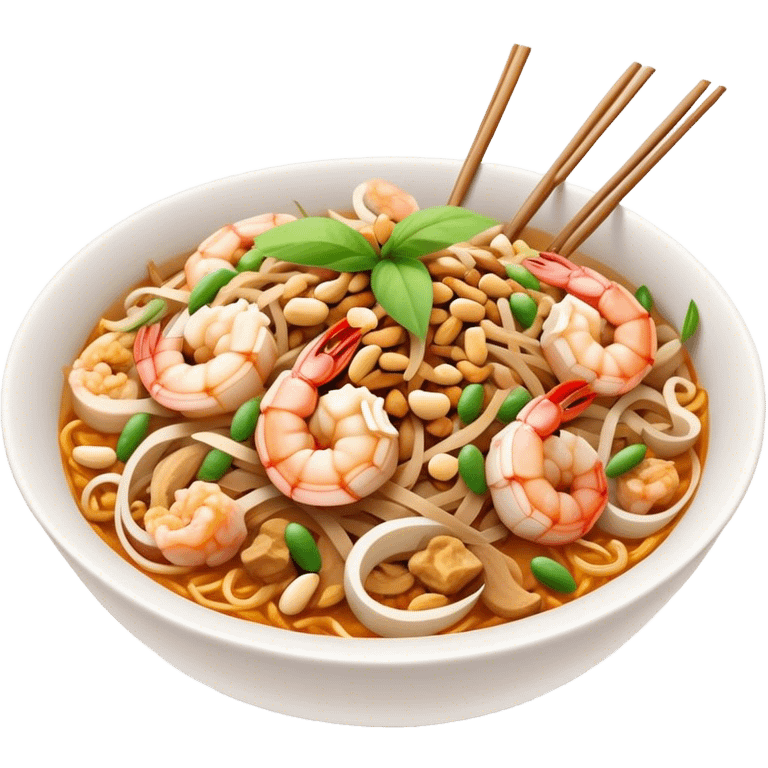 Cinematic Realistic Pad Thai Dish Emoji, depicted as stir-fried rice noodles with shrimp, tofu, peanuts, and bean sprouts rendered with vibrant textures and dynamic, appetizing lighting. emoji