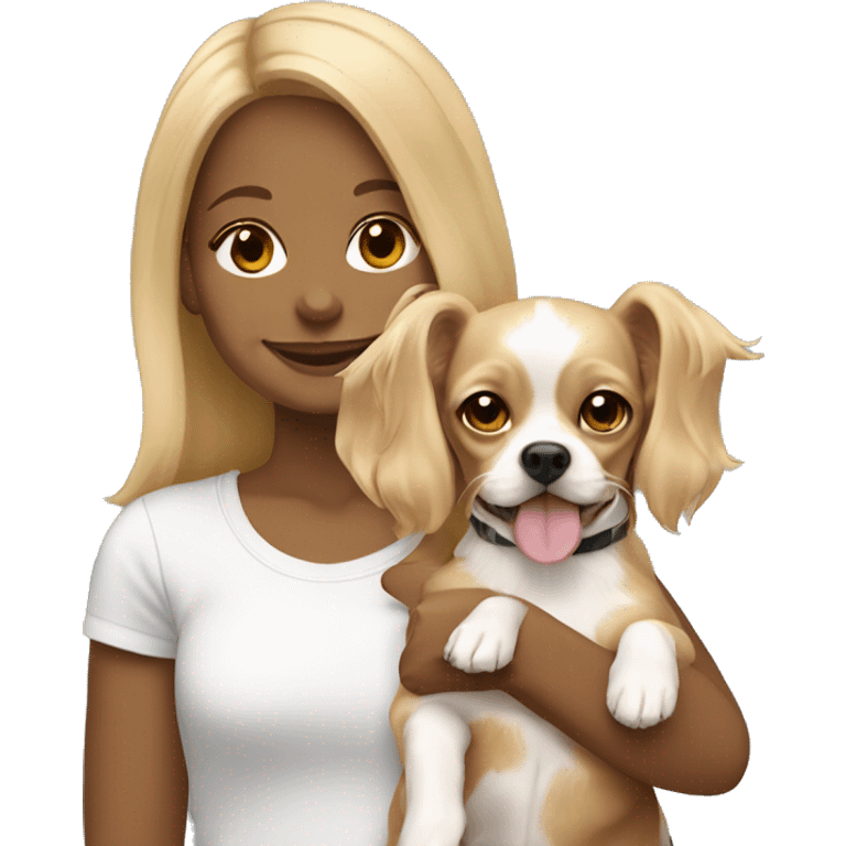 Blonde girl holding Tan and white chihuahua cocker spaniel mix happy, shorter ears emoji