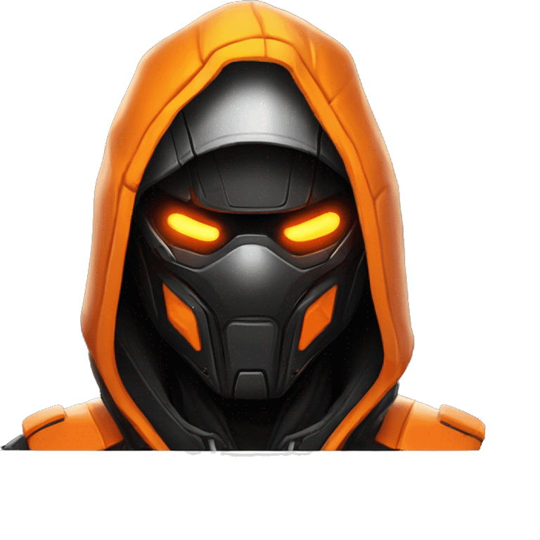  developer behind his laptop with this style : crysis Cyberpunk Valorant orange glowing bright orange character orange black hooded assassin themed character emoji