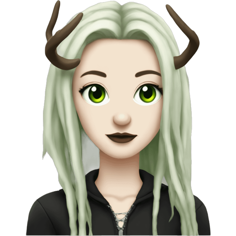 Portrait of a woman with pale skin, green eyes, black dreadlocks, eyeliner, deer antlers, punk, grunge emoji