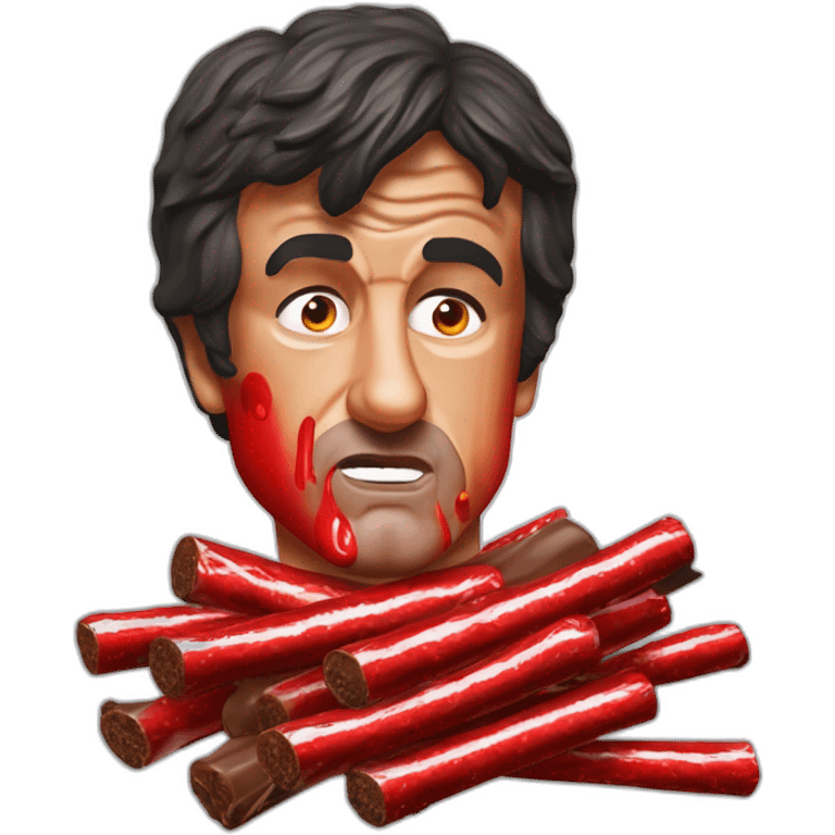 Sylvester Stallone Rambo covered in red paint eating chocolate logs emoji