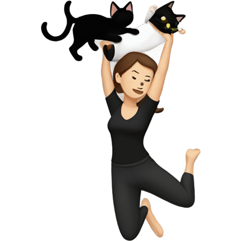 Brunette white woman lifting black cat in the air above head emoji