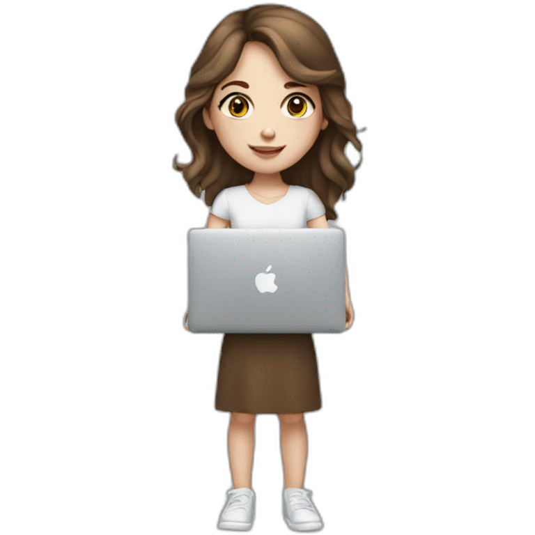 Girl with brown hair and white skin hold macbook emoji