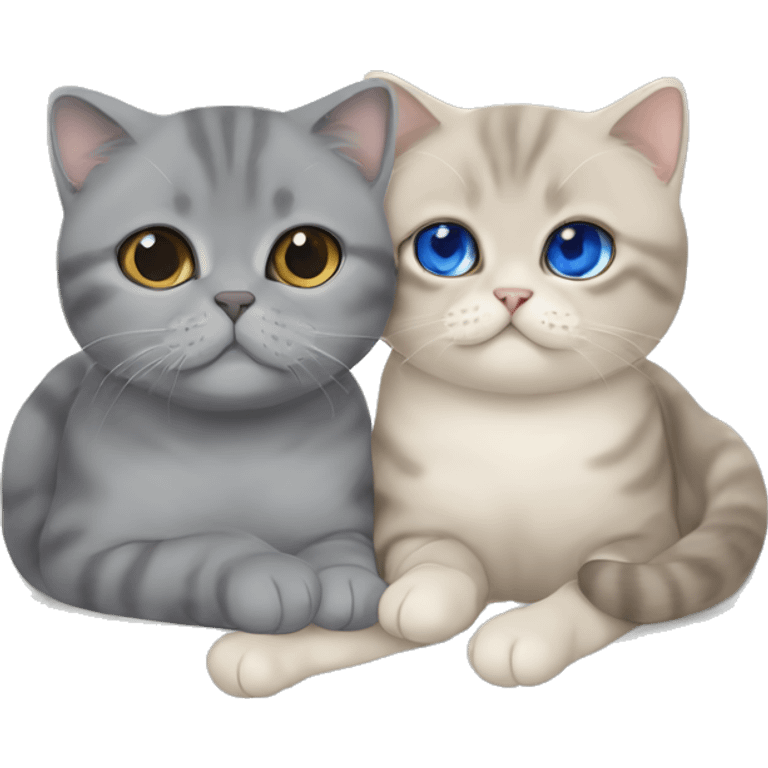 Grey Scottish fold cuddling with beige British shorthair with blue eyes  emoji