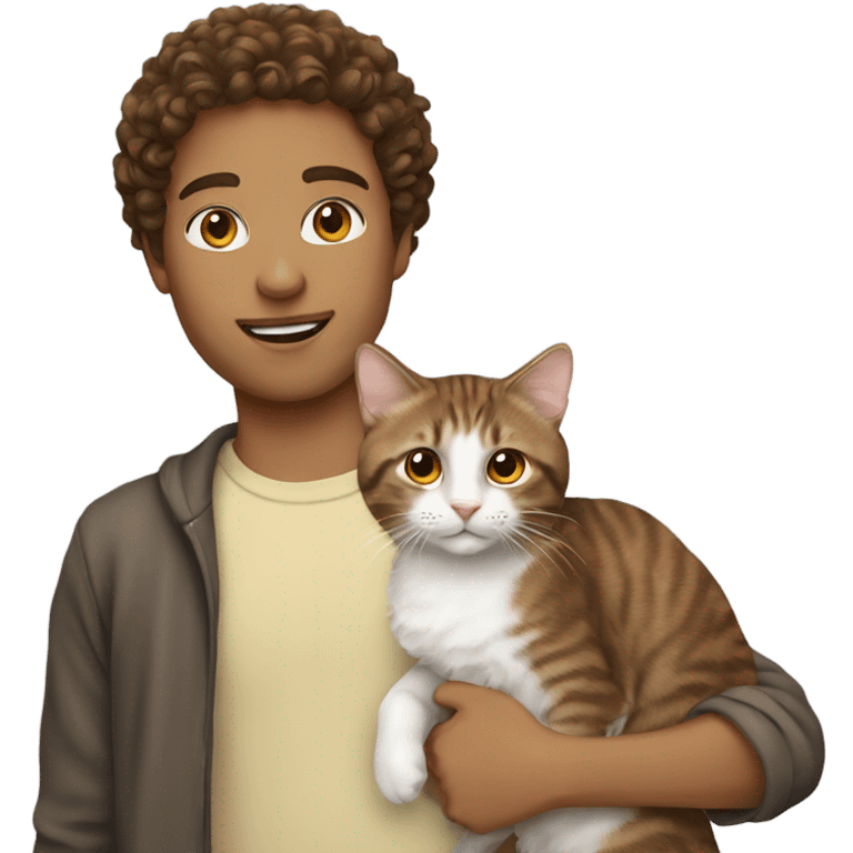 Person with brown curly hair holding a tabby cat emoji