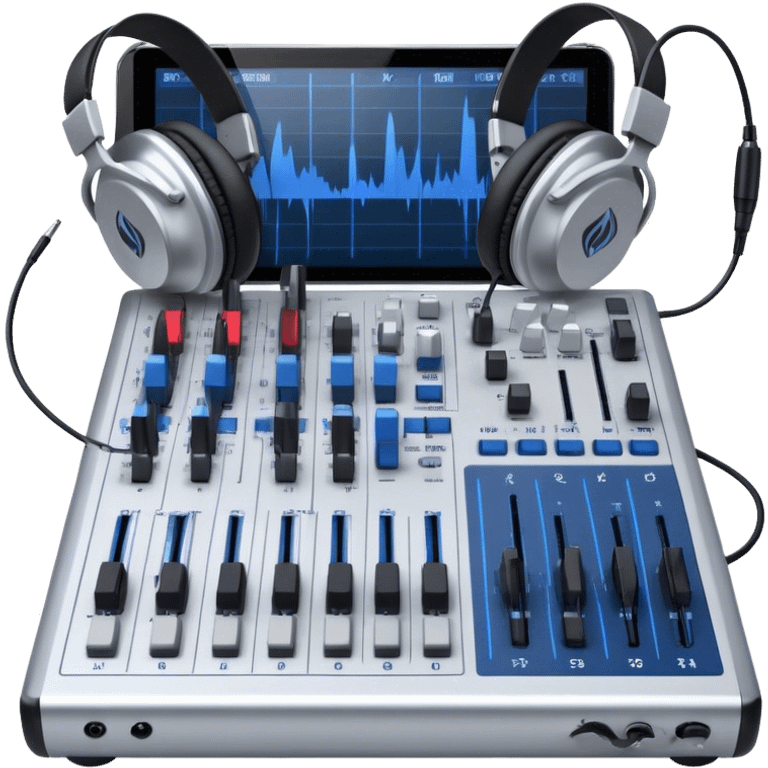 Create a professional and technical emoji that represents sound engineering. The design should feature a sound mixing console with faders, a pair of studio headphones, and audio waveforms to symbolize the precision and technicality of sound mixing and mastering. Include elements like a microphone or audio cables to reflect the recording aspect. Use colors like silver, black, and dark blue to represent the technical, yet artistic side of sound engineering. The background should be transparent. emoji