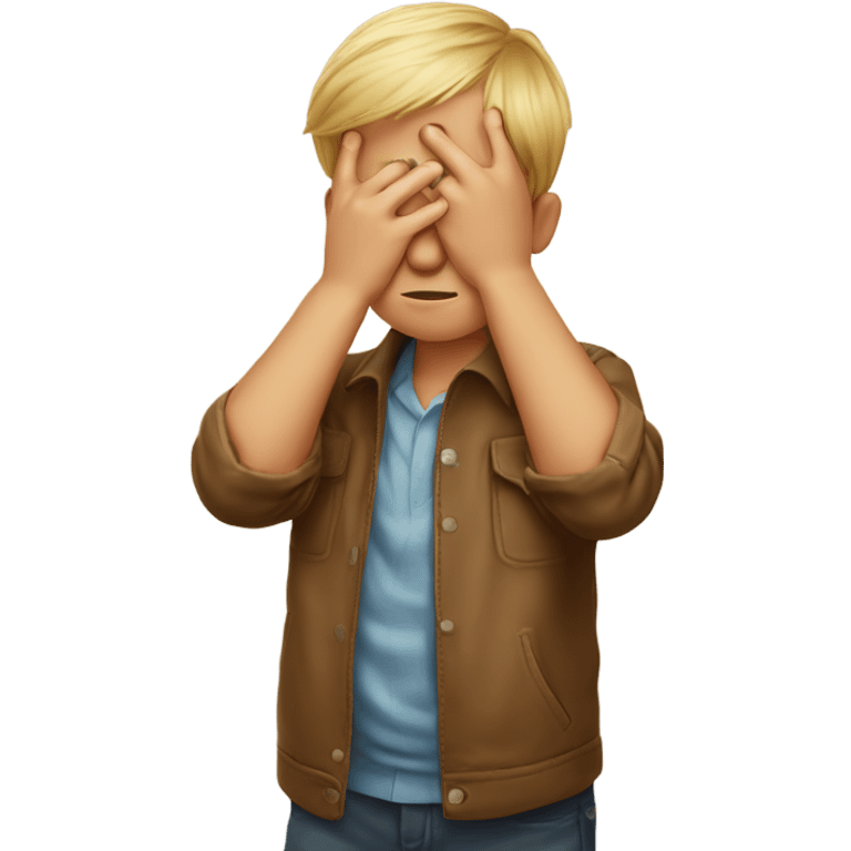 little boy covering eyes with the three point hand symbol emoji