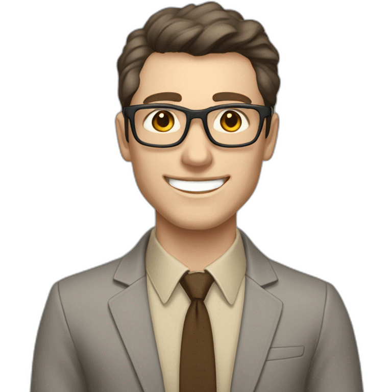 Joyful Pale skinned Fit Man With dark brown hair in gray jacket, beige office shirt, Brown pants and vintage glasses. His thrumbs up emoji