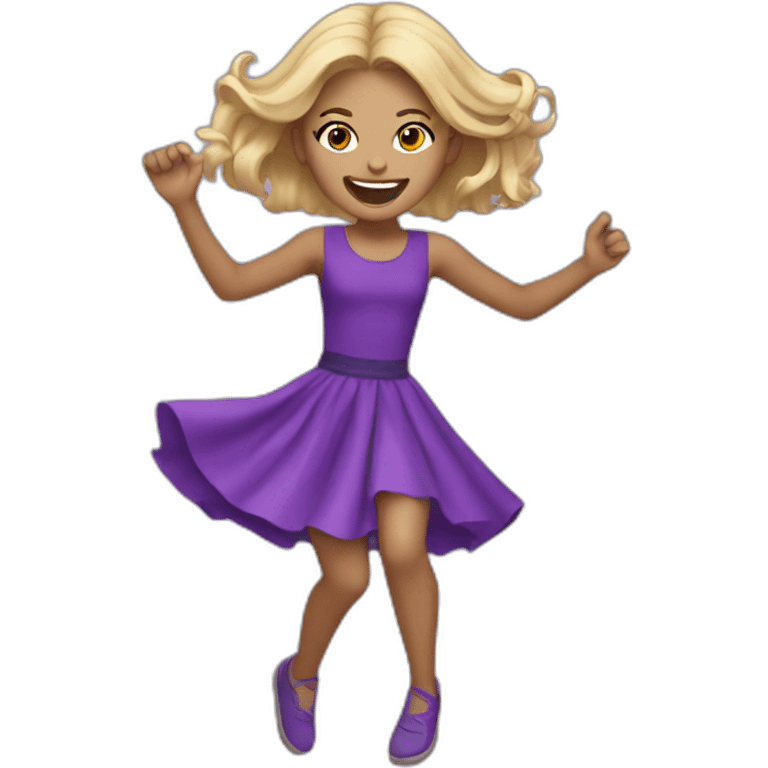 black blonde split hair girl with gap teeth dancing with a purple dress and purple top emoji