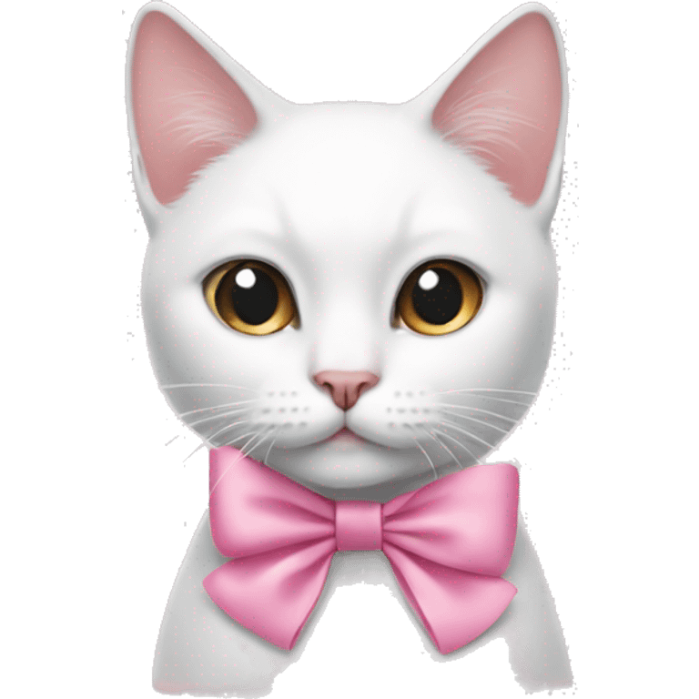 White cat wearing a pink aesthetic bow on her left ear. emoji