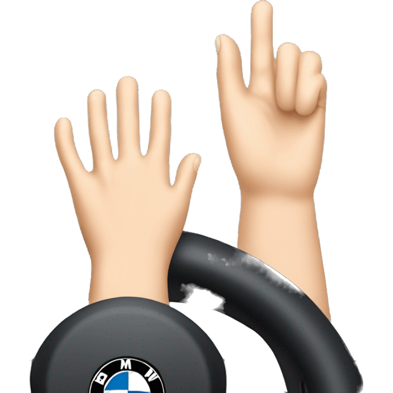 A woman's manicured hand rests on the steering wheel of a BMW emoji