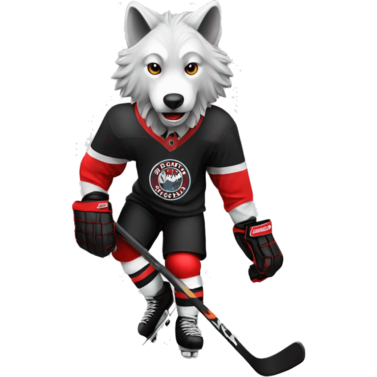 The wolf plays hockey in a black white and red uniform emoji