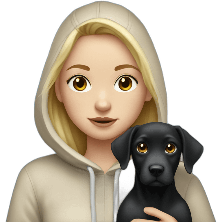 A blonde girl  with blues eyes, with smooth hair and a ray,she has light skin a few freckles, and she wear a hoodies and she Carries in his arms a black baby labrador dog  emoji