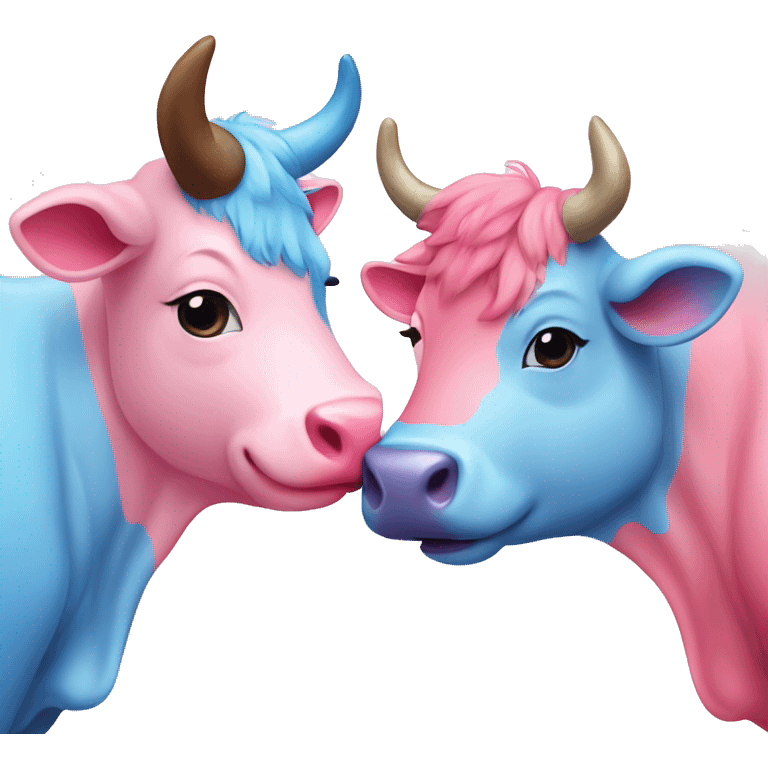 a cute pink cow and a cute blue bull kissing each other with a small heart in the middle emoji