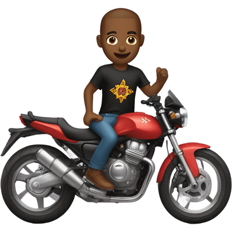 Motorcyclist wearing a t-shirt with ‘Morocco Baby’ logo emoji