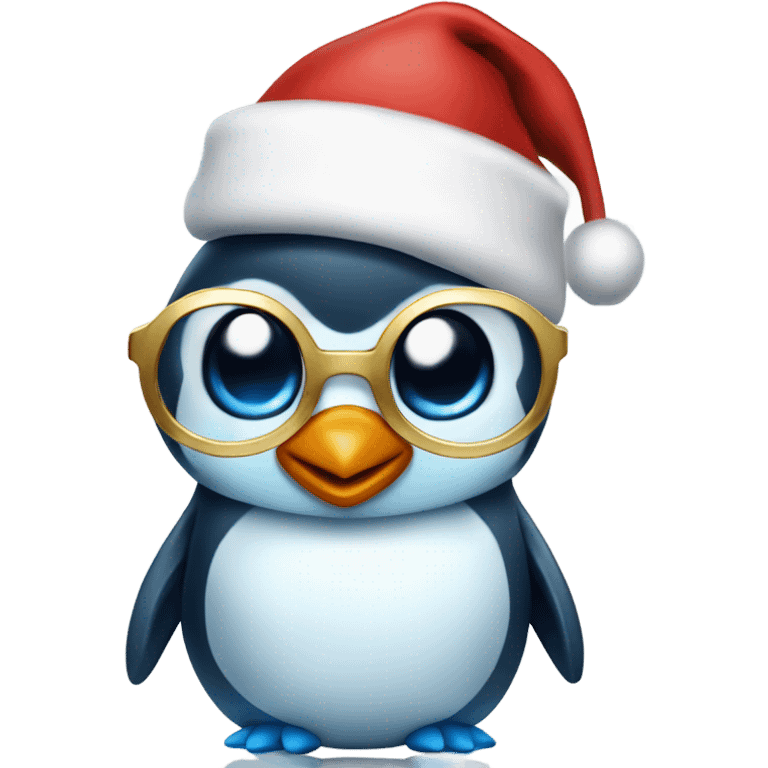 Cute blue penguin with a Santa hat and golden glasses emoji