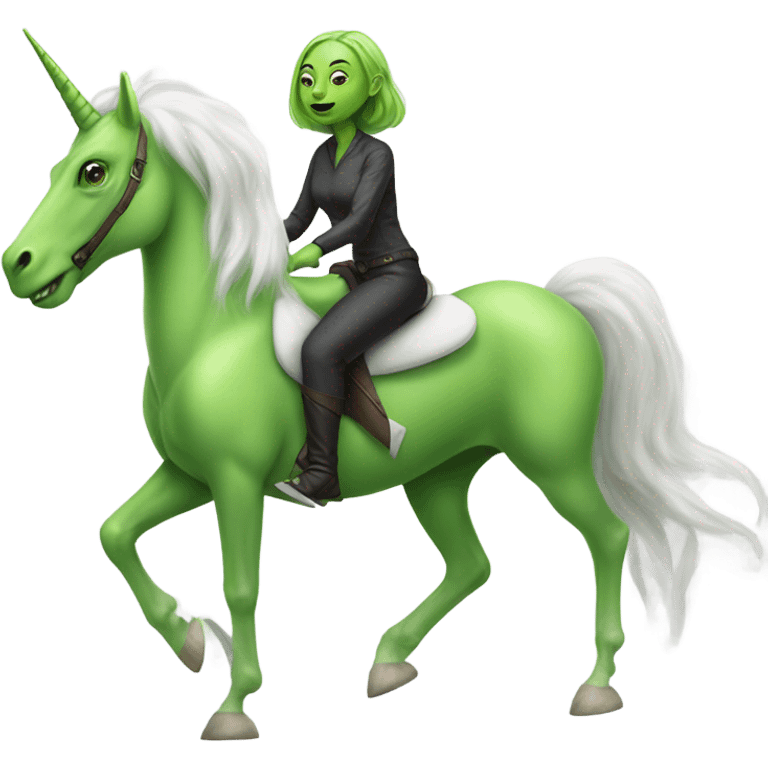 a green amazon alien woman on a four-legged white unicorn emoji