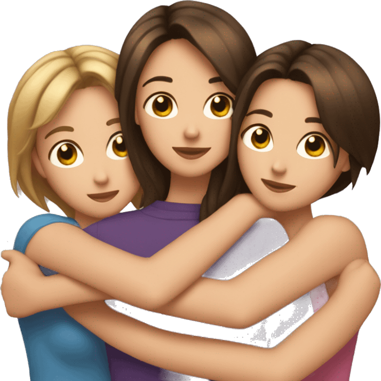 Three brunette best friends hugging one with short hair two with long hair girs emoji