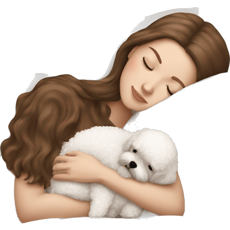 White girl brown hair sleeping with Mini Bichon emoji