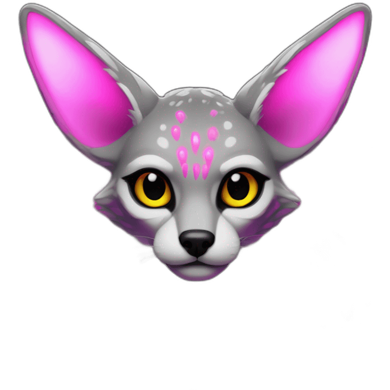 Coyote ocelot standing with grey and black fur and phoenix wings on back and pink ears half skeleton, neon lights emoji