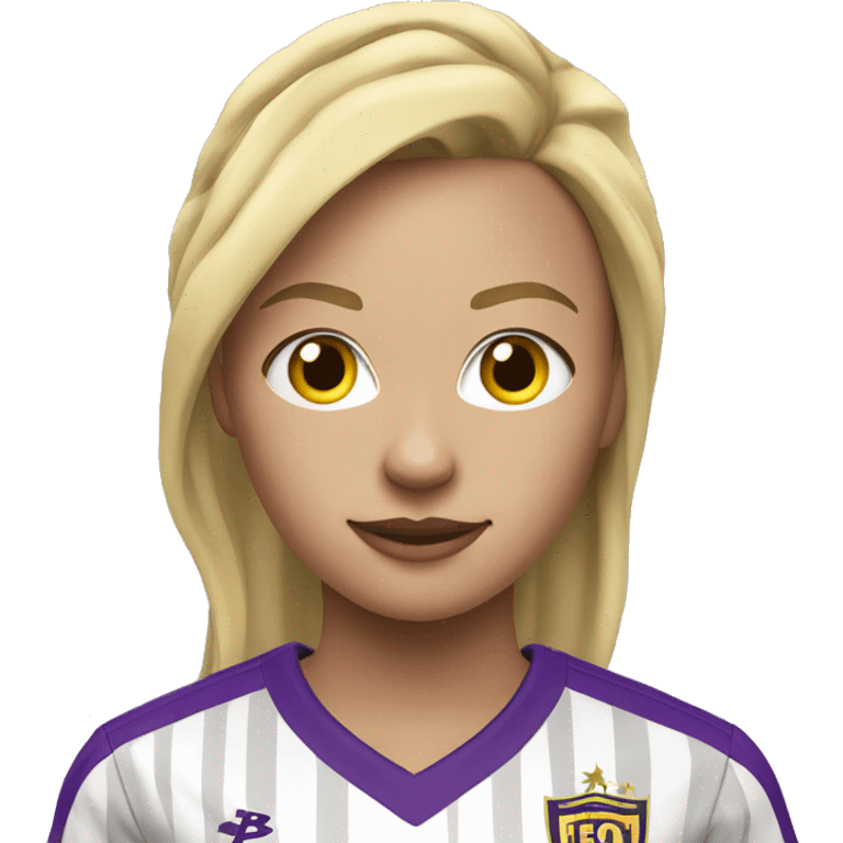 a blonde woman soccer player in white jersey with purple pinstripes and yellow collar emoji