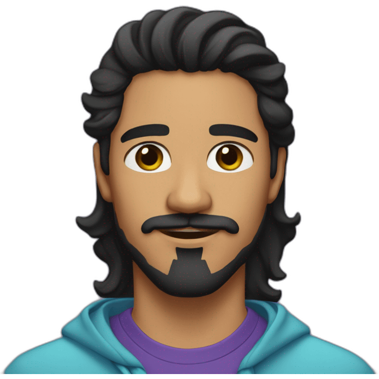 young latino man with long wavy black hair and black light beard and mustache and black eyes  emoji