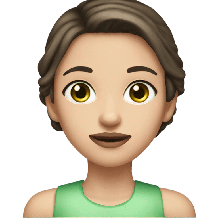 Female with long dark brown hair with fair skin and light green eyes and slim face with full pink lips and a few moles on the face near the lips  emoji