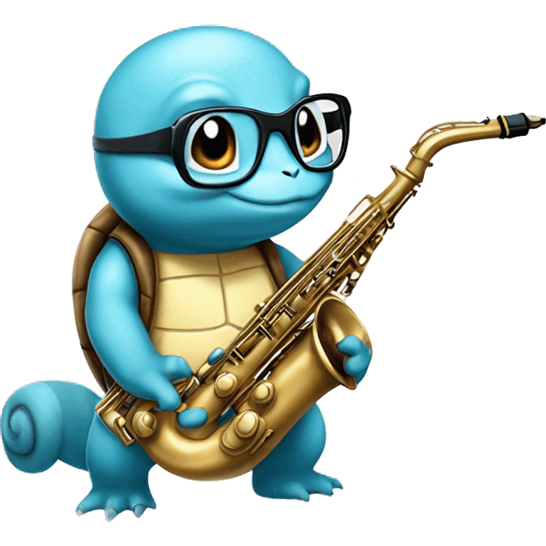 Squirtle from Pokemon with glasses and a saxophone emoji