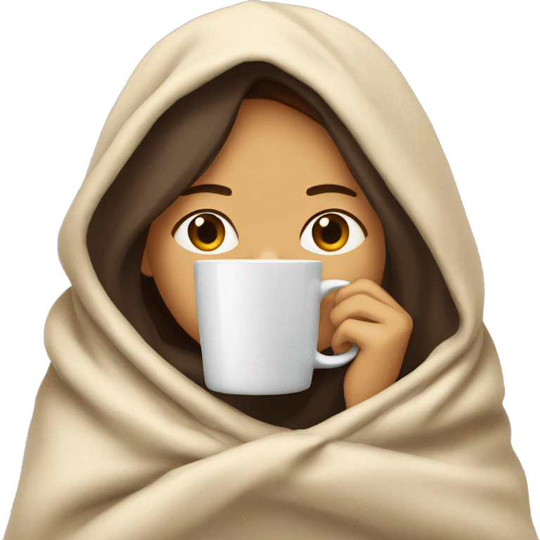 girl inside a blanket sipping coffee eyes closed, make her pale and with dark brown hair emoji