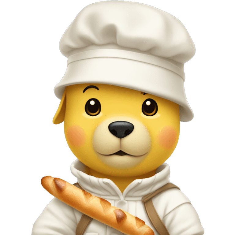 white winnie the pooh, parisien style with beret on hair and baguette on arms emoji