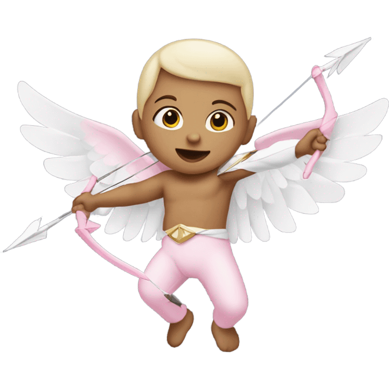 Flying newborn baby with big white wings, shooting with bow and arrow, wearing light pink pants emoji