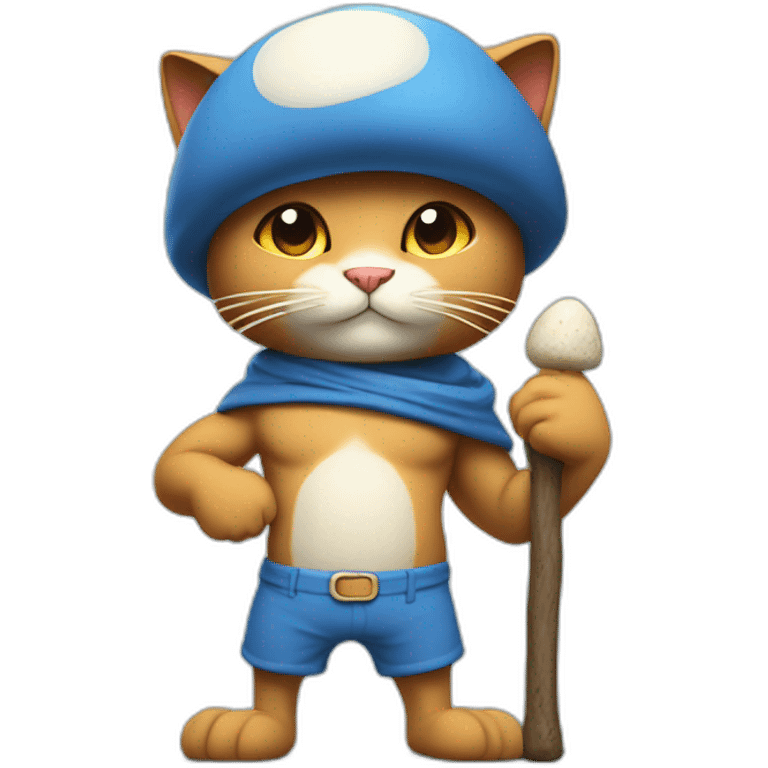 Strong muscles BLUE cat NO ears  wearing a mushroom cap carrying a stick in one arm standing on two legs with pants emoji