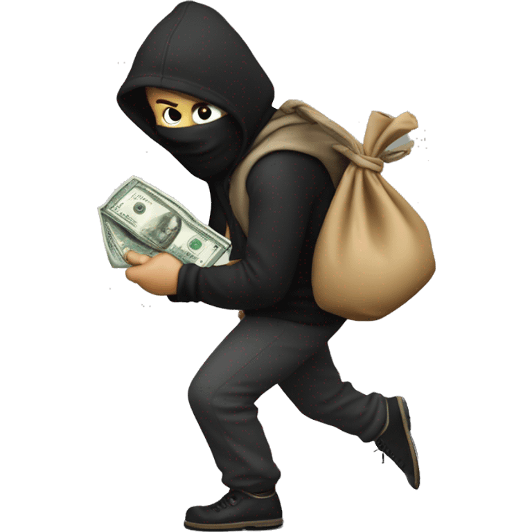 Robber tip toeing away while holding a bag of money over his shoulders  emoji