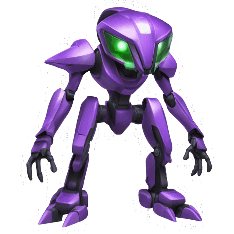 a shiny black-green-purple Genesect-Raptor-Fakémon-Medabot-hybrid with a futuristic visor-helmet full body emoji