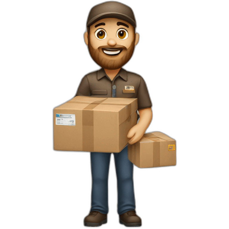 White UPS delivery man with long beard and holding boxes emoji