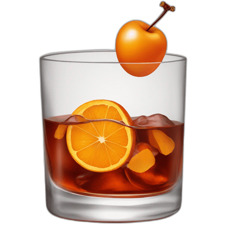 a bourbon, old fashioned in a rocks glass with a cherry in it and a twisted orange peel emoji