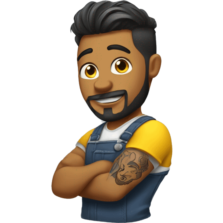 Barber with messy back hair, left arm and left hand tattoo, cutting hair with a yellow cape  emoji