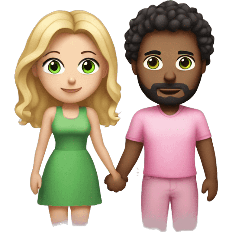 Curvy woman with long blonde hair and green eyes wearing a pink dress holding hands with a tall brown man with dark short curly hair and glasses emoji