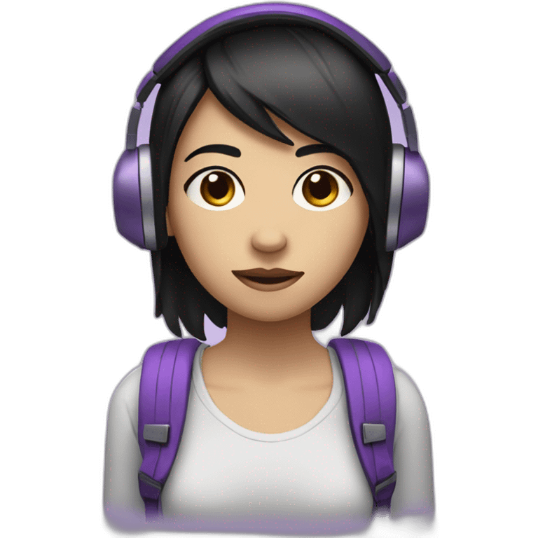 a depressive girl with purple headphones and straight black hair she will have a purple backpack emoji