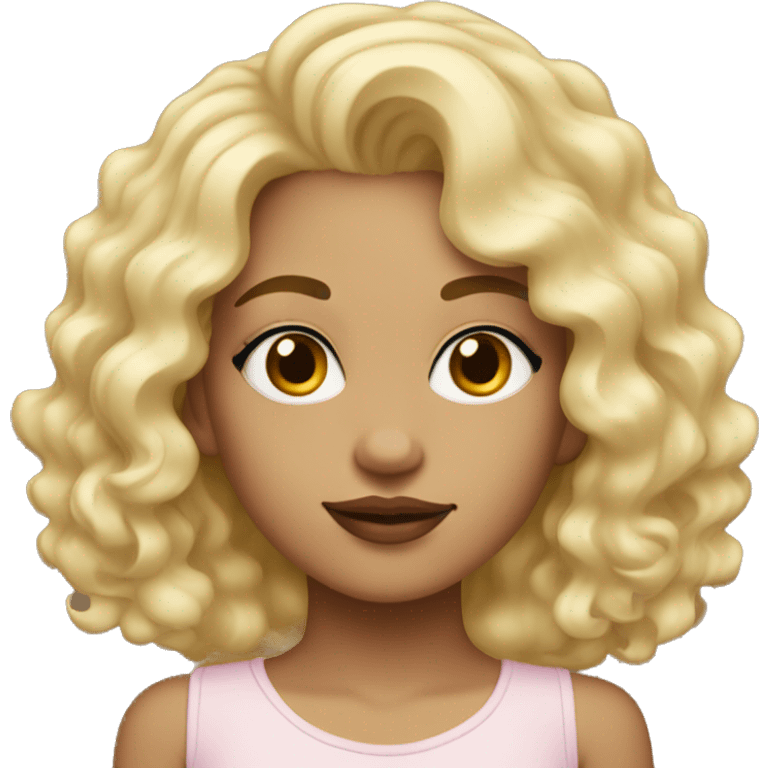 Girl with a light face tone, blonde, with curly hair, with eyelashes and lipstick emoji