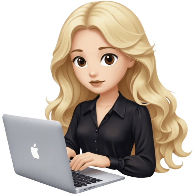 Blonde model with brown eyes, long wavy hair, black silky blouse, typing on MacBook  emoji